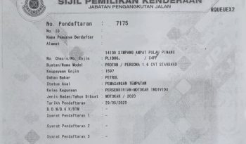 
YEAR MADE 2020 YEAR REGISTERED 2020 PROTON PERSONA 1.6 (A) CVT STANDARD full								