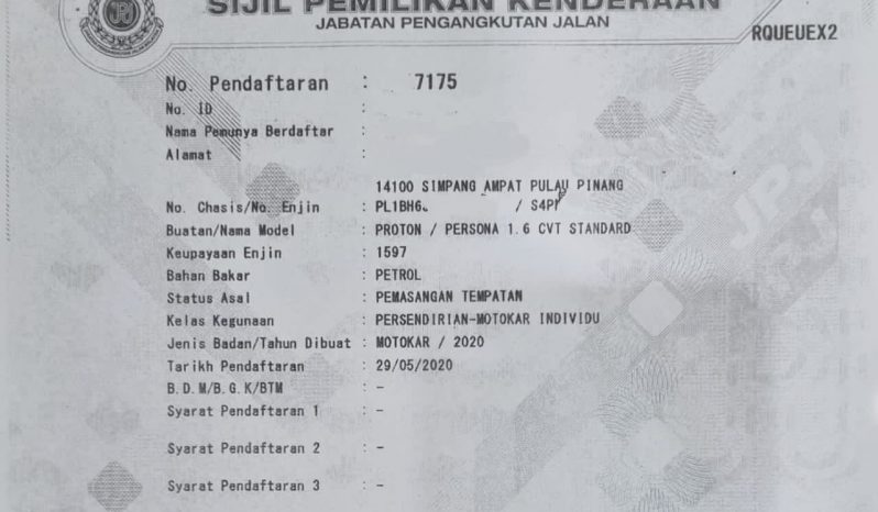 
YEAR MADE 2020 YEAR REGISTERED 2020 PROTON PERSONA 1.6 (A) CVT STANDARD full									
